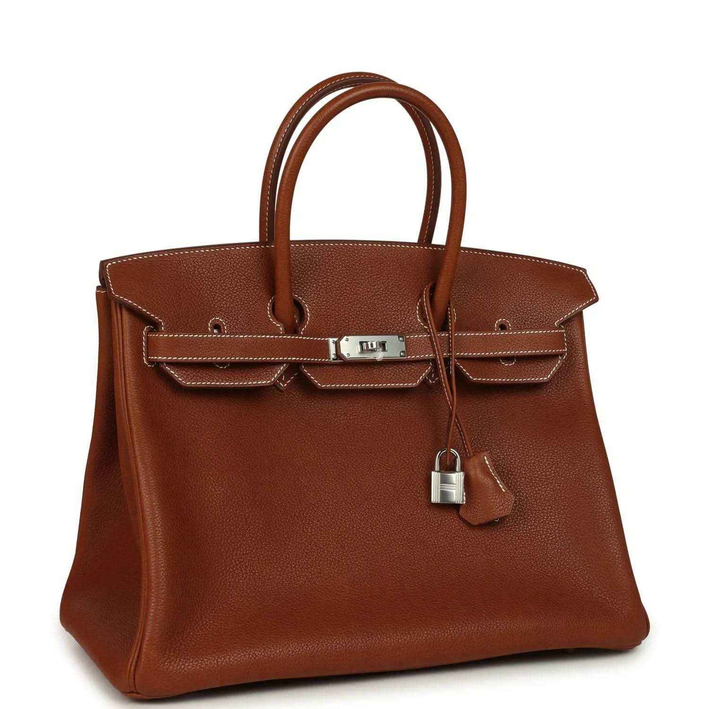 Hermes Birkin 35 handbag front view in brown leather with front strap and padlock