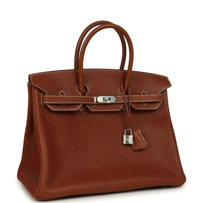 Hermes Birkin 35 handbag front view in brown leather with front strap and padlock