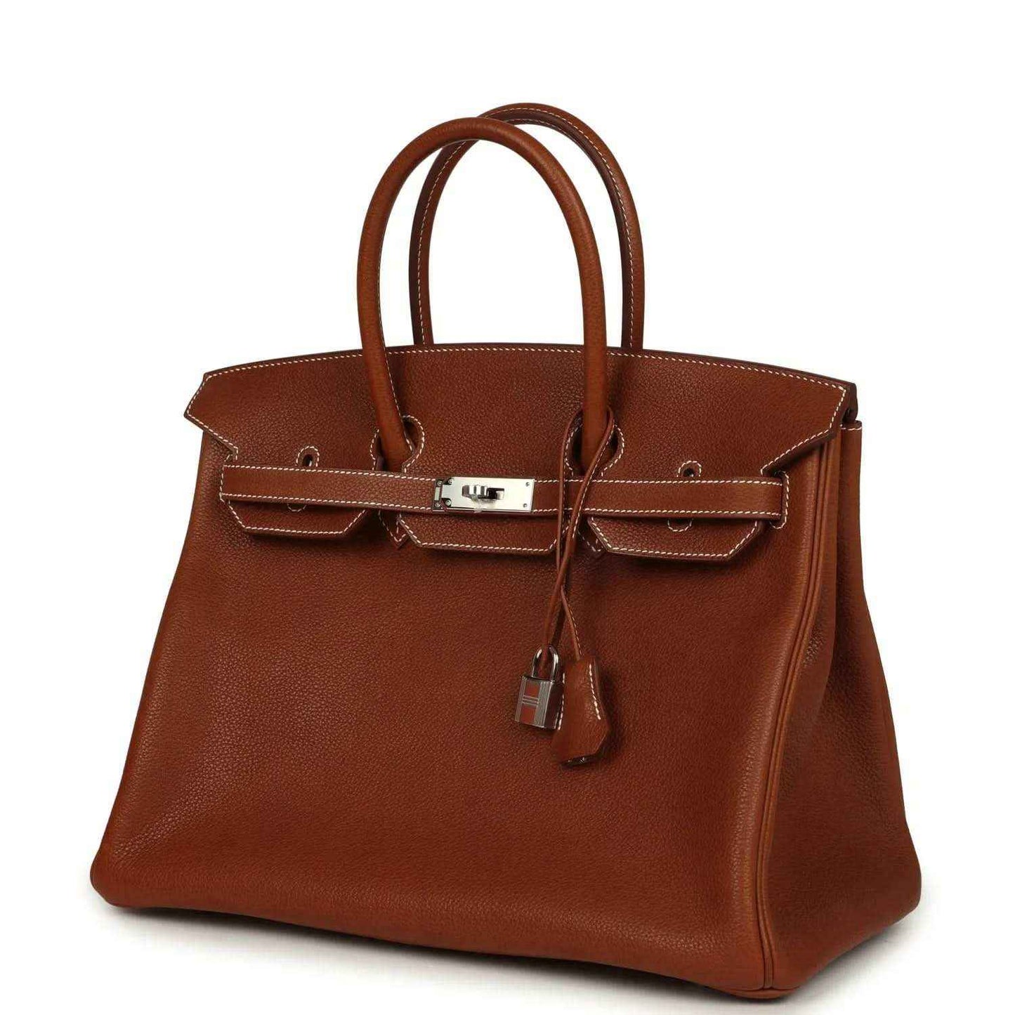 Hermes Birkin 35 handbag angled front view in brown leather with front clasp and lock