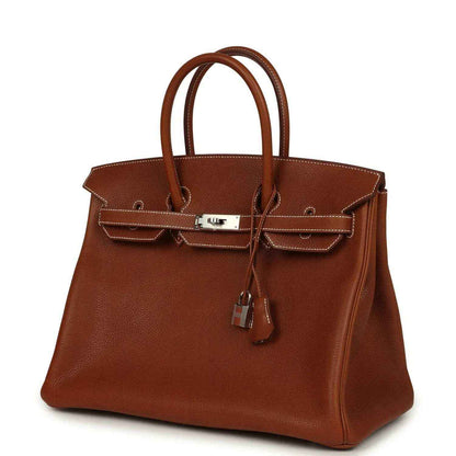 Hermes Birkin 35 handbag angled front view in brown leather with front clasp and lock