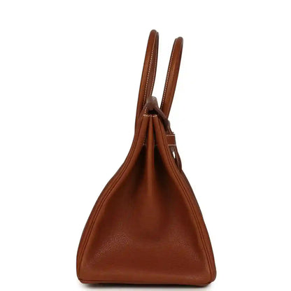 Hermes Birkin 35 handbag side view in brown leather with double top handles