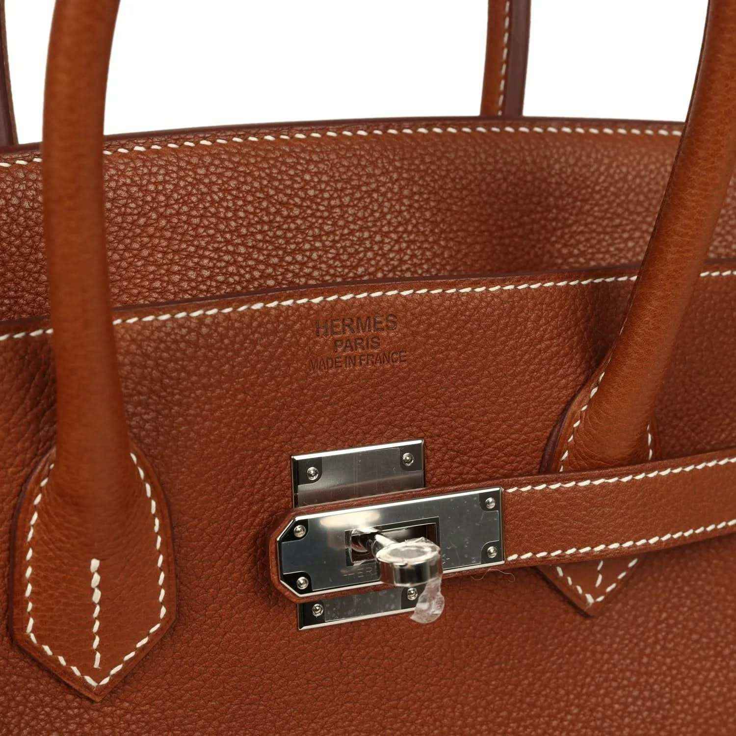 Hermes Birkin 35 interior view with stitched seams and rectangular latch hardware