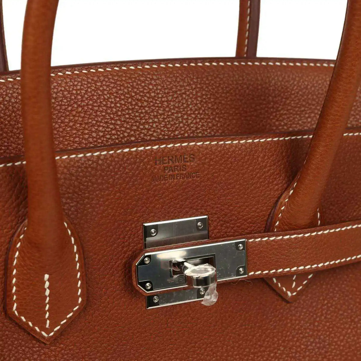 Hermes Birkin 35 interior view with stitched seams and rectangular latch hardware