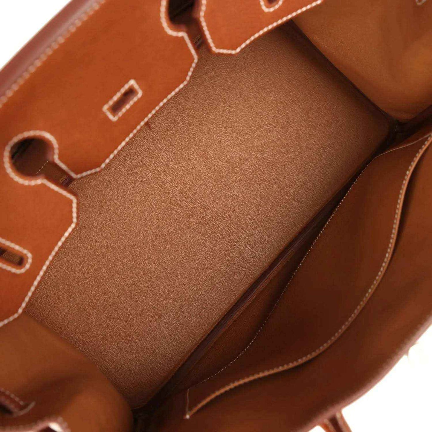 Hermes Birkin 35 interior pocket in brown leather with white contrast stitching