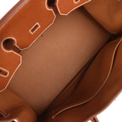 Hermes Birkin 35 interior pocket in brown leather with white contrast stitching