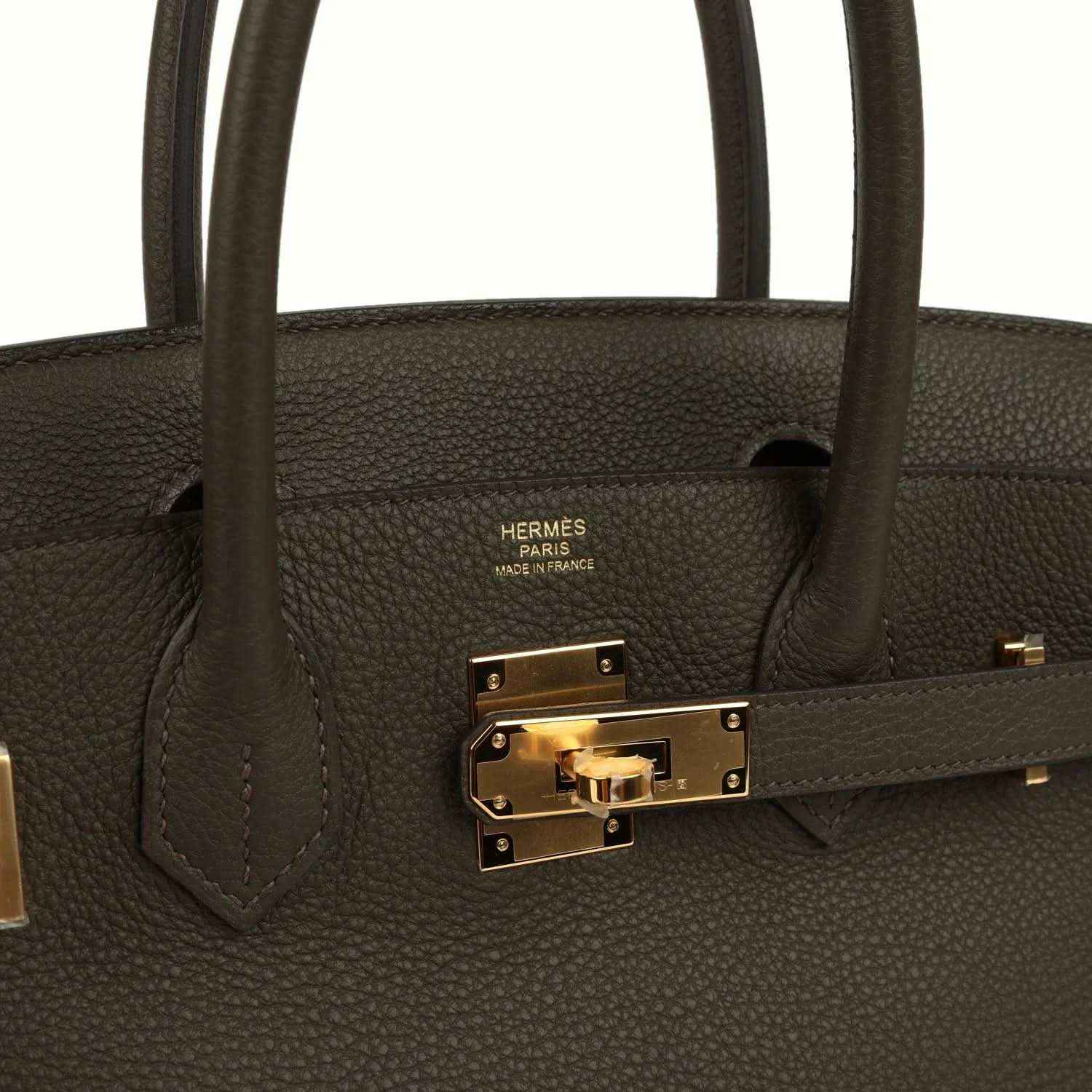 Birkin 30 handbag, Togo leather, eucalyptus green, gold clasp with Hermes stamp