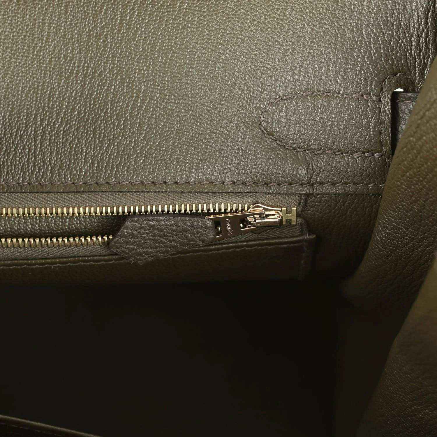 Birkin 30 handbag, Togo leather, eucalyptus green, gold zipper pull and seam