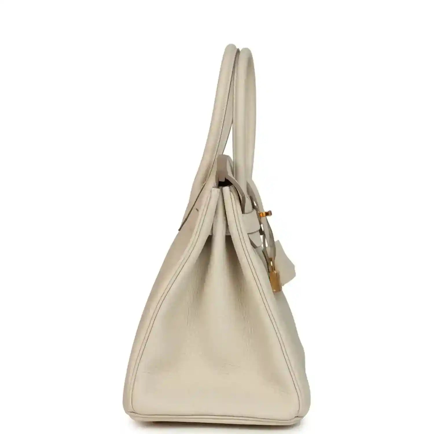 Hermes Birkin 30 handbag side view in light cream leather with gold clasp