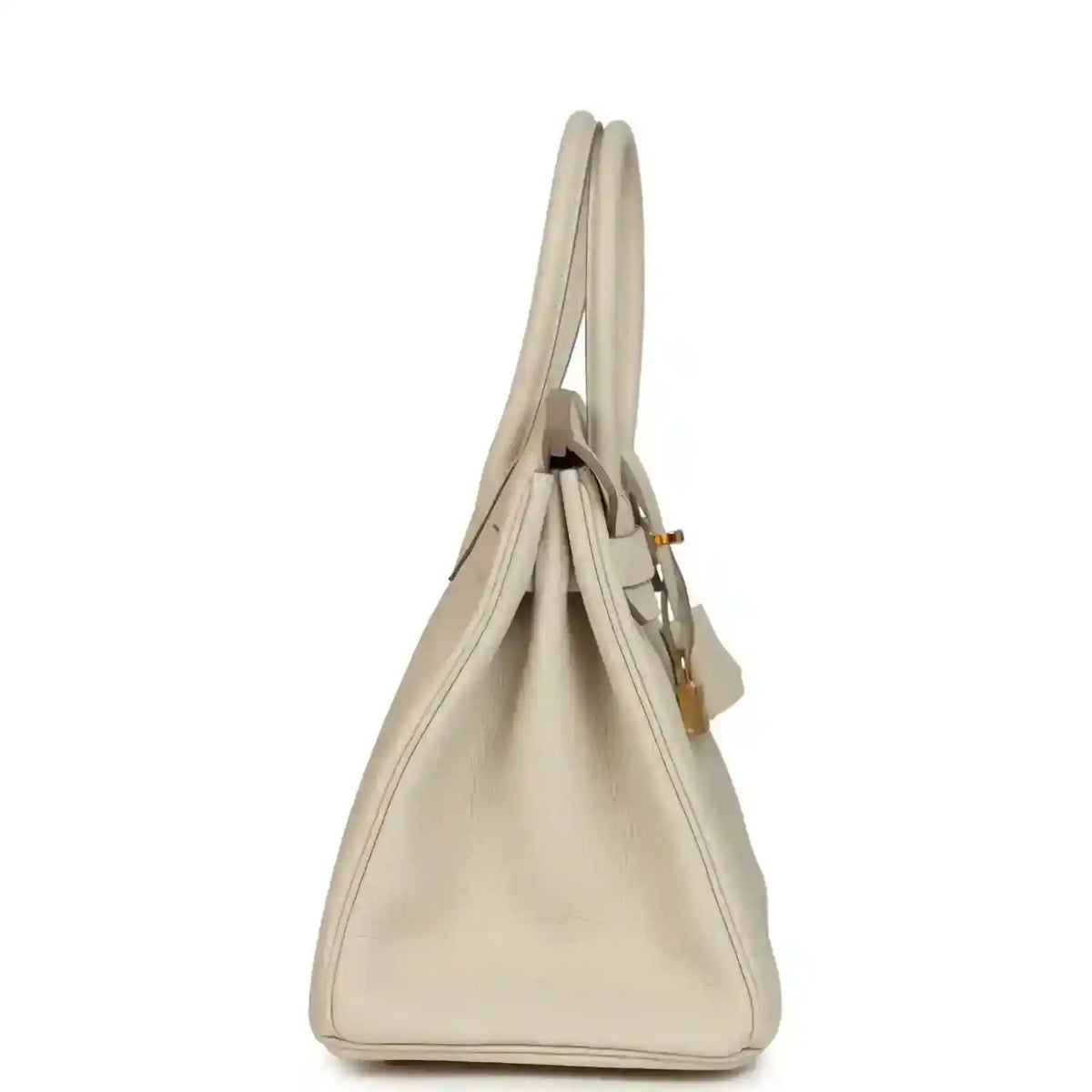 Hermes Birkin 30 handbag side view in light cream leather with gold clasp