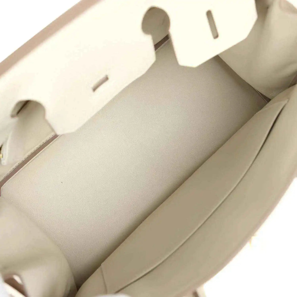 Hermes Birkin 30 handbag interior view with light cream leather lining and seams
