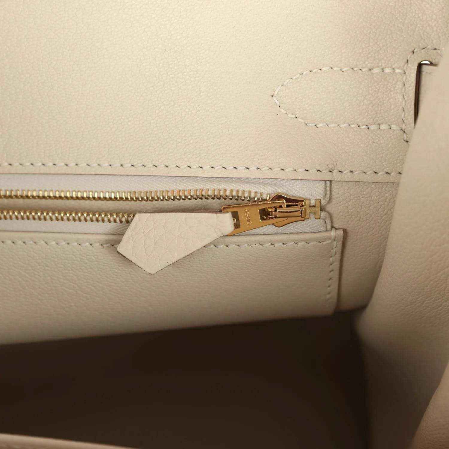 Hermes Birkin 30 handbag zipper detail in light cream leather with gold pull