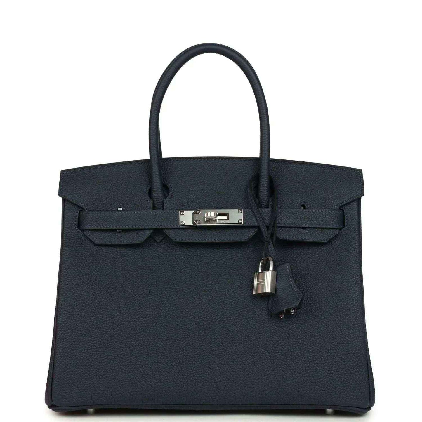 Blue leather Birkin 30 handbag with top handles, front flap and metal clasp