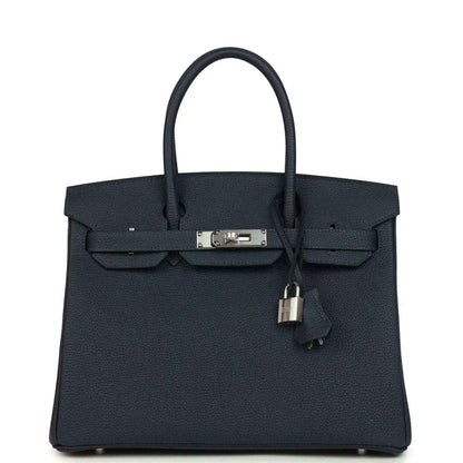 Blue leather Birkin 30 handbag with top handles, front flap and metal clasp