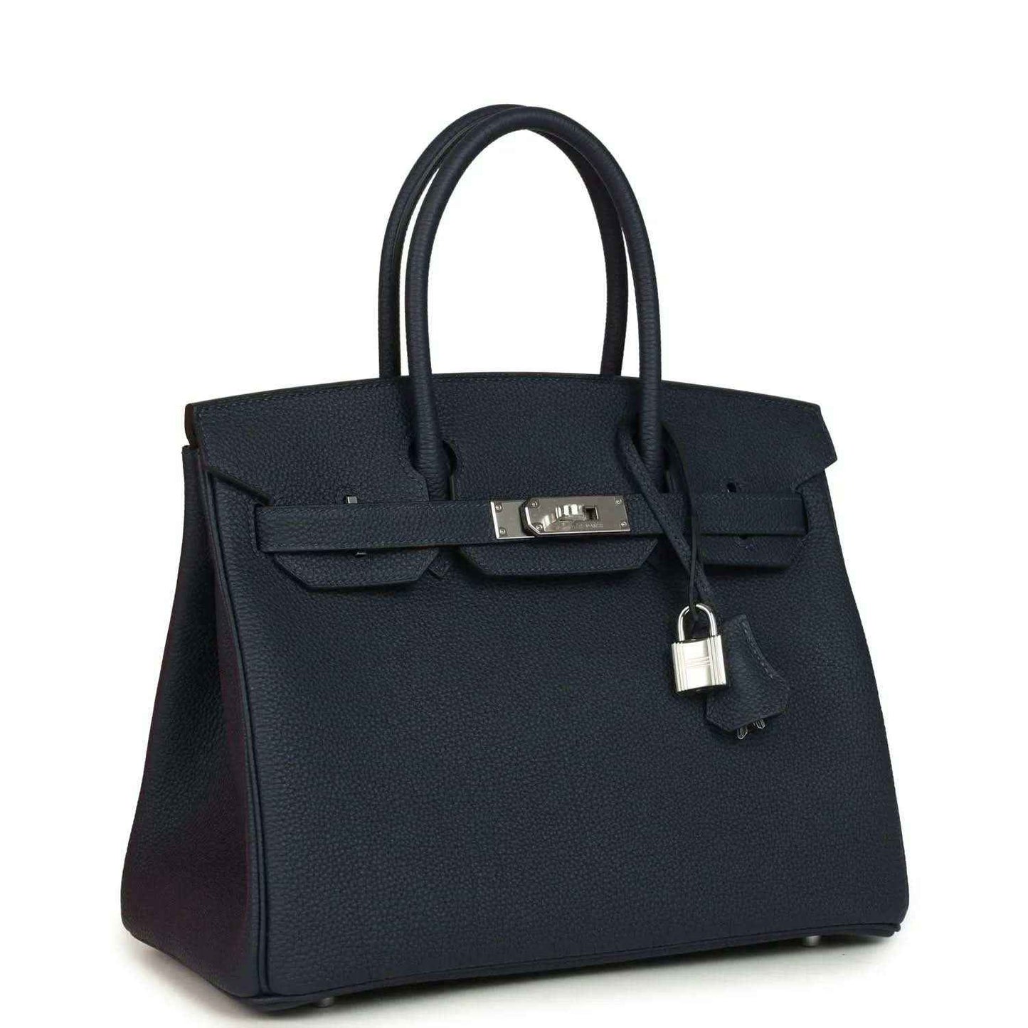 Blue leather Birkin 30 handbag with top handles, front flap and hanging lock
