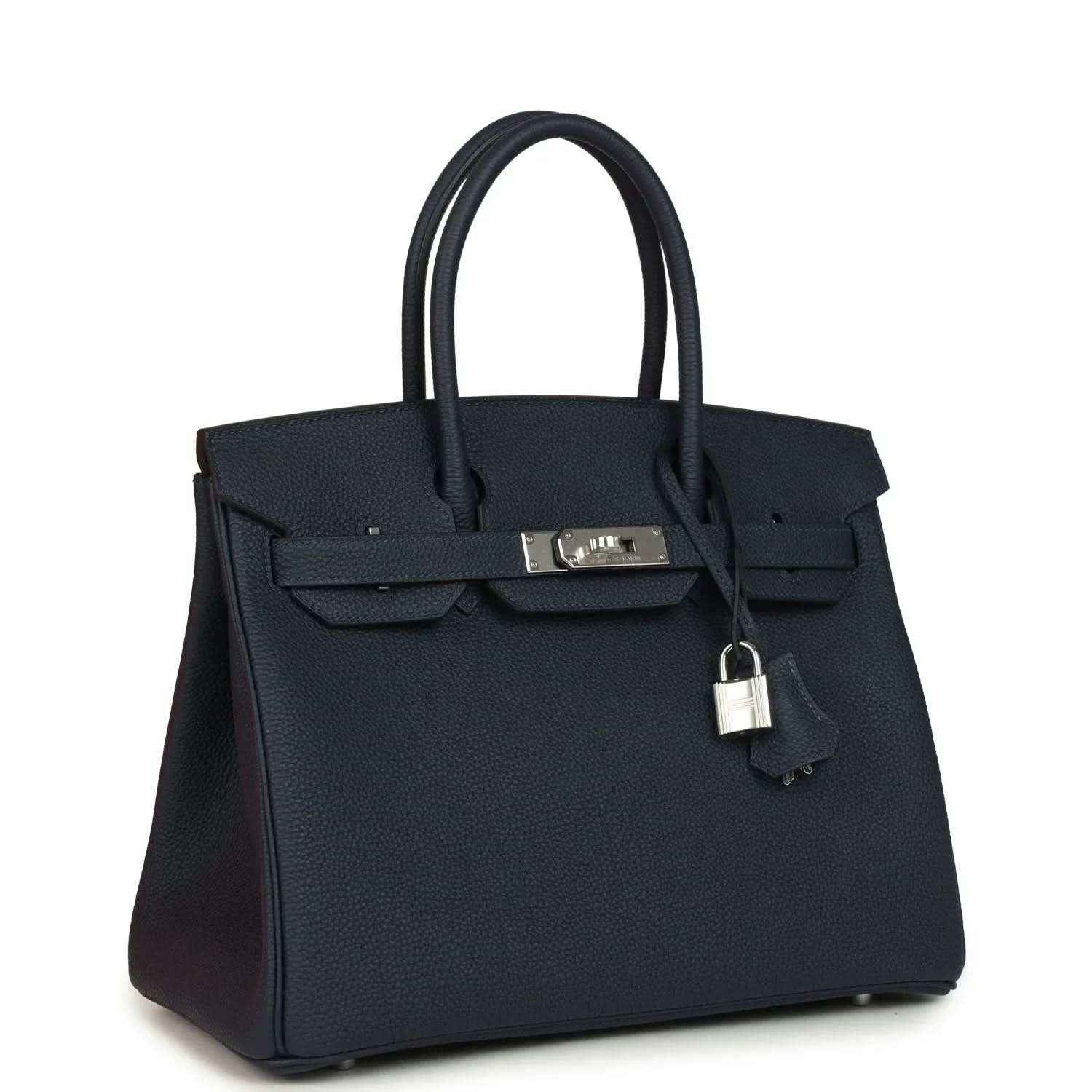 Blue leather Birkin 30 handbag with top handles, front flap and hanging lock