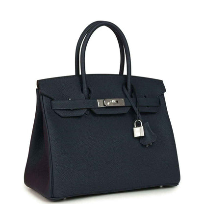 Blue leather Birkin 30 handbag with top handles, front flap and hanging lock