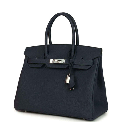 Blue leather Birkin 30 handbag with top handles and front flap lock detail