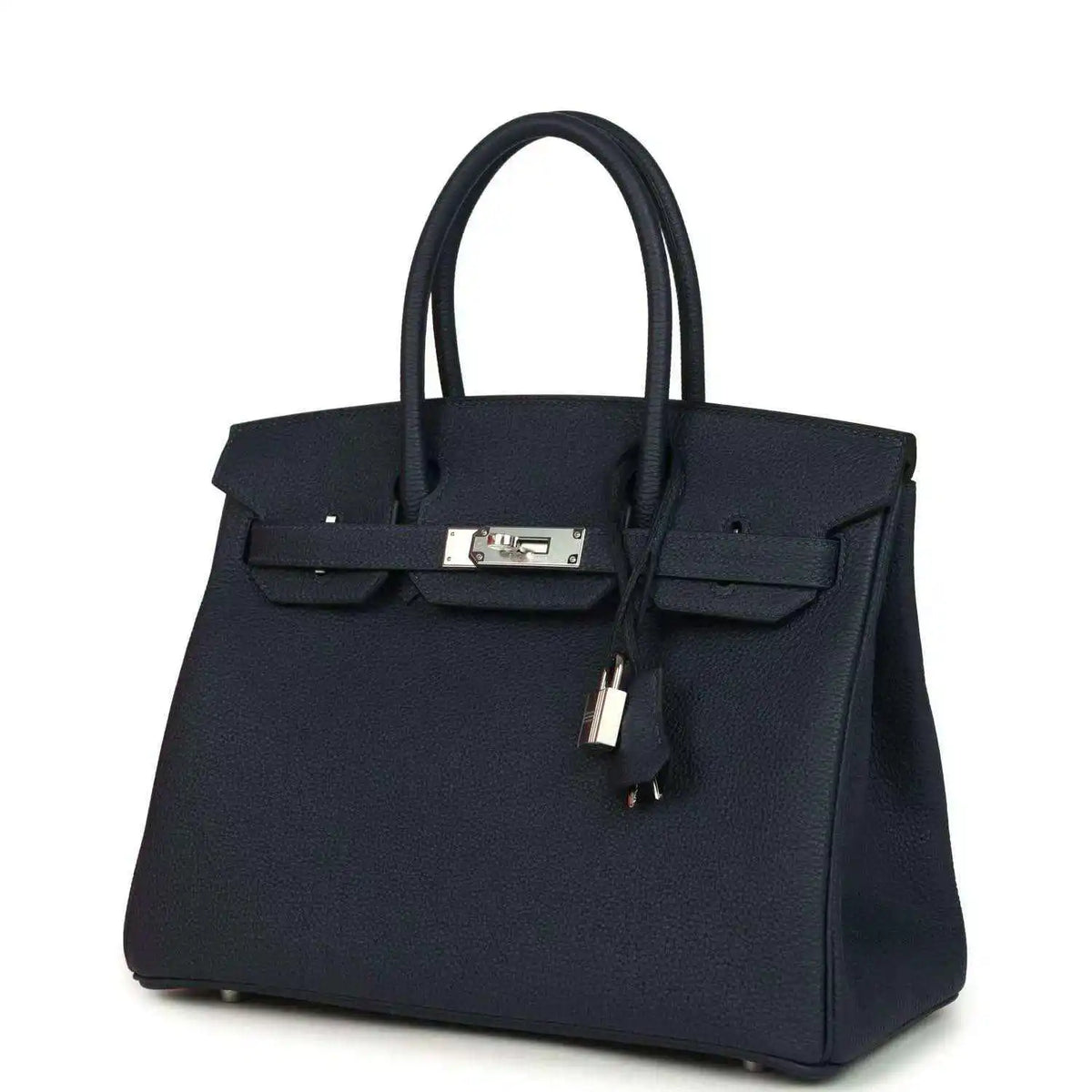 Blue leather Birkin 30 handbag with top handles and front flap lock detail