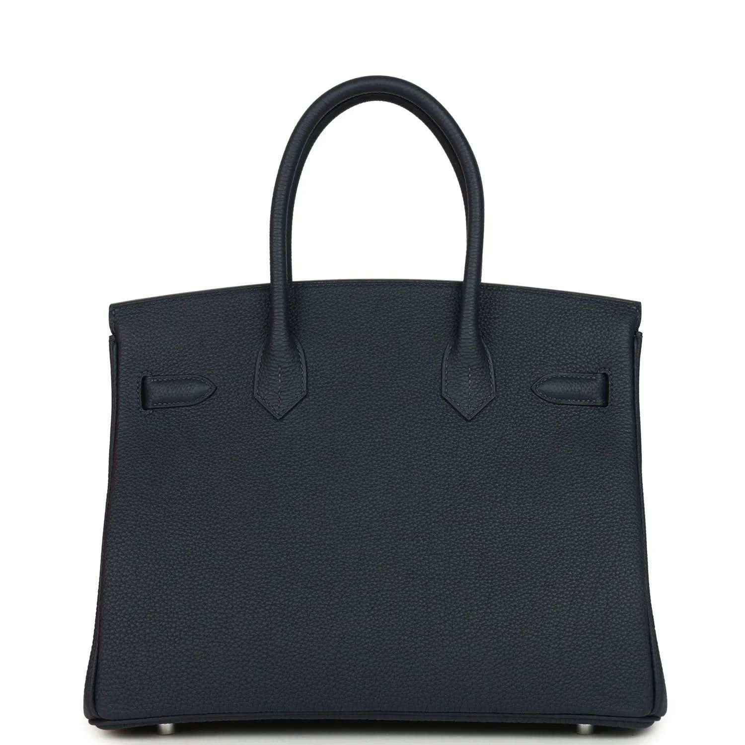 Blue leather Birkin 30 handbag front with structured panels and top handles