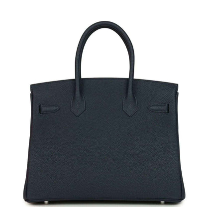 Blue leather Birkin 30 handbag front with structured panels and top handles