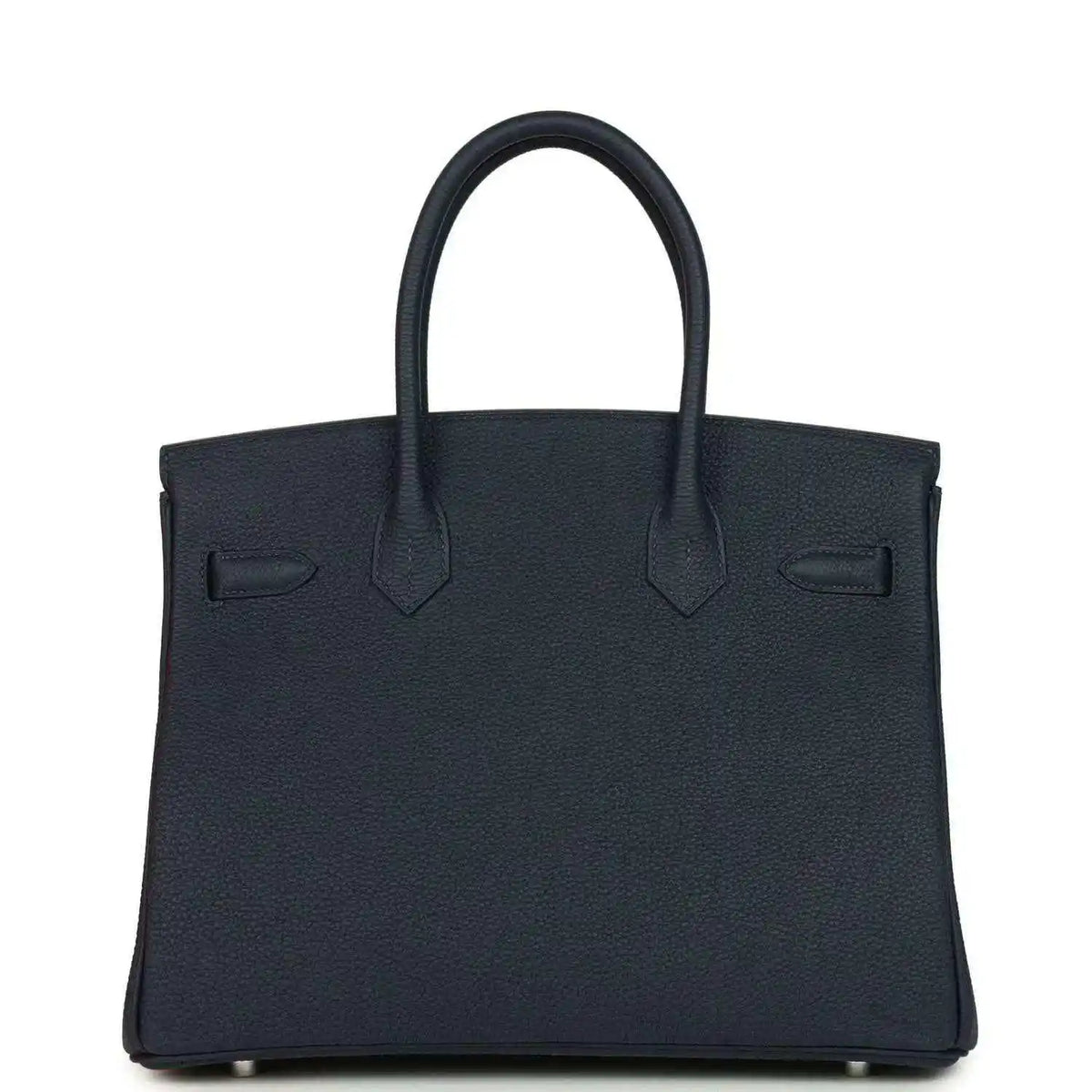 Blue leather Birkin 30 handbag front with structured panels and top handles