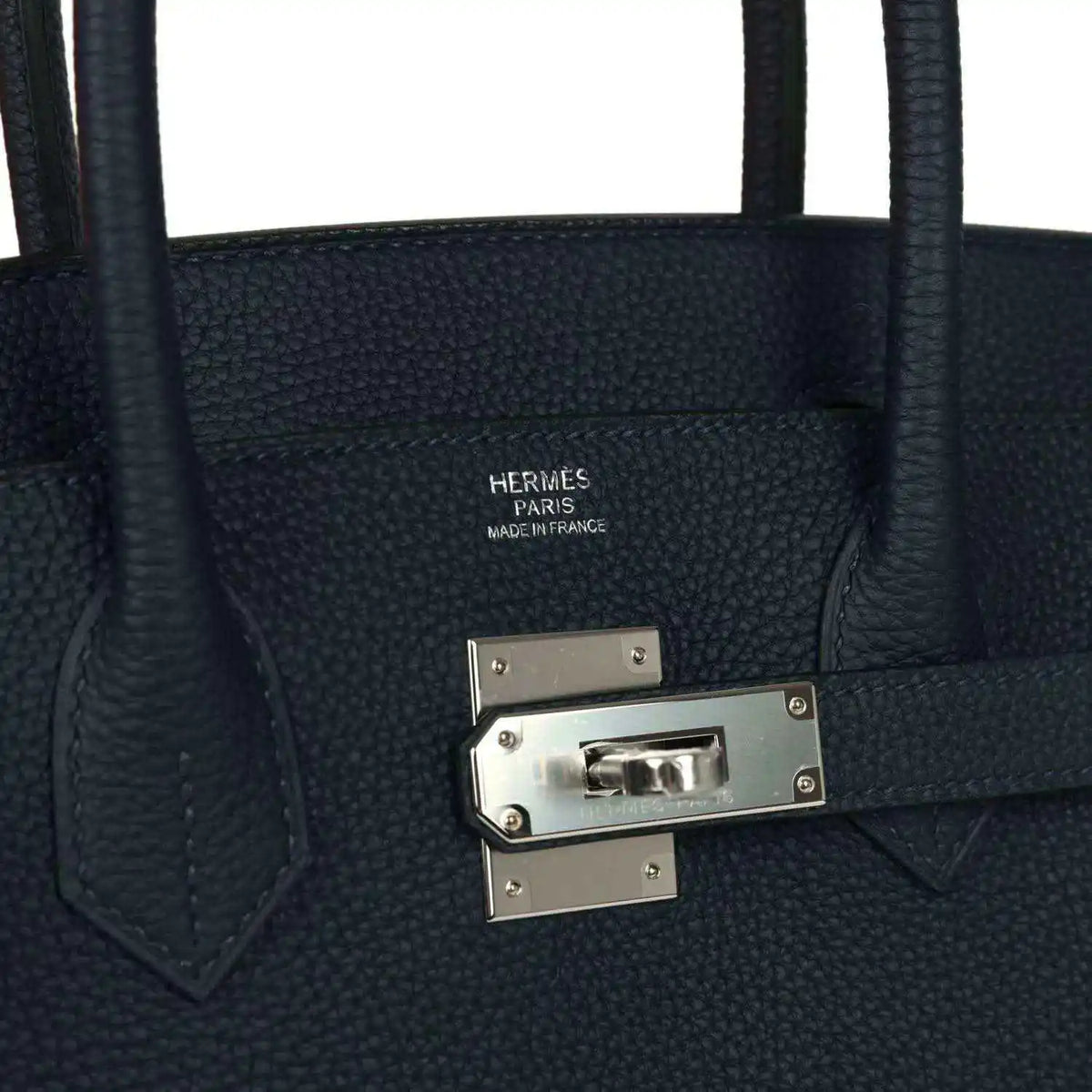 Hermes Birkin 30 handbag interior badge and silver-tone front clasp plate