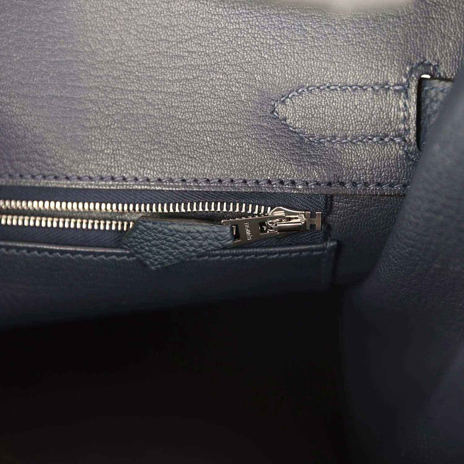 Blue leather Birkin 30 handbag interior pocket with zip pull and stitching