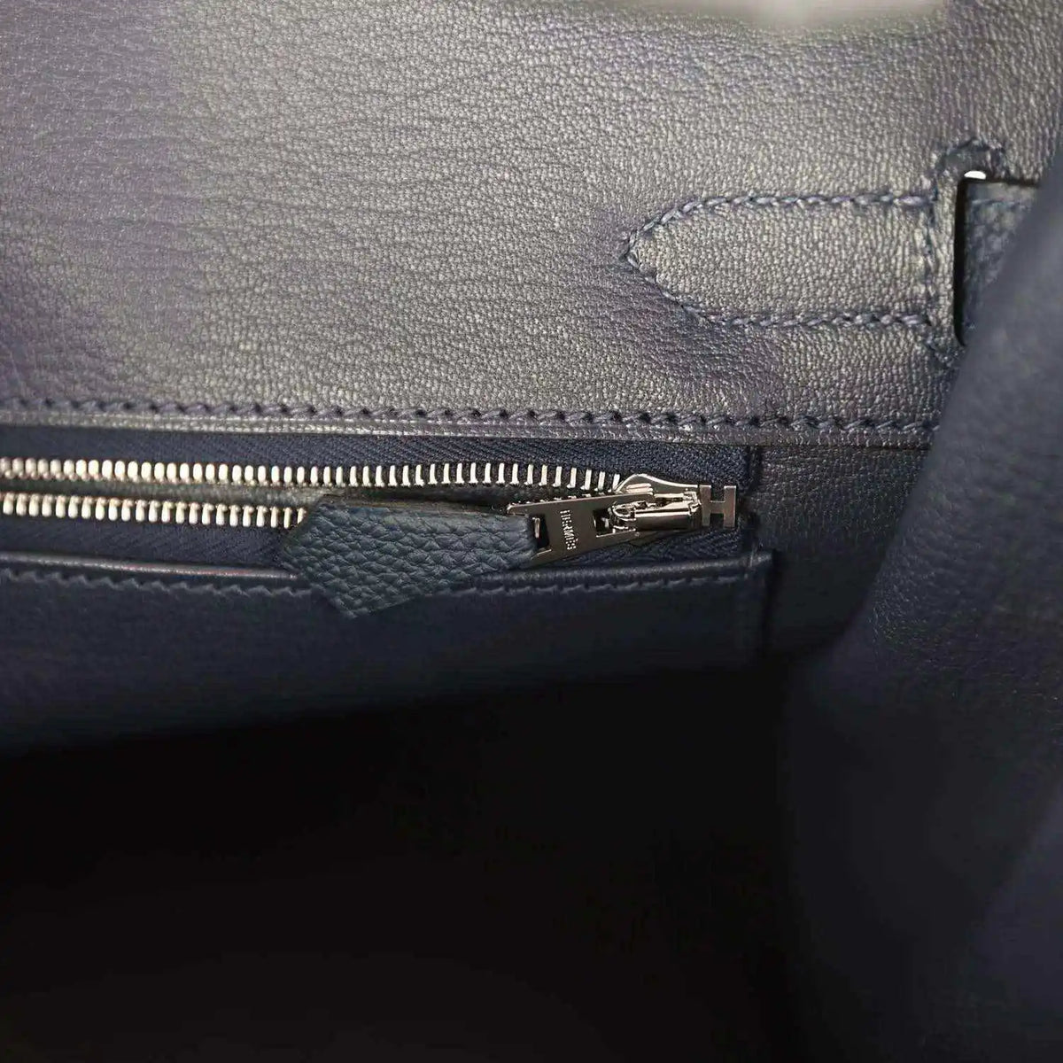 Blue leather Birkin 30 handbag interior pocket with zip pull and stitching