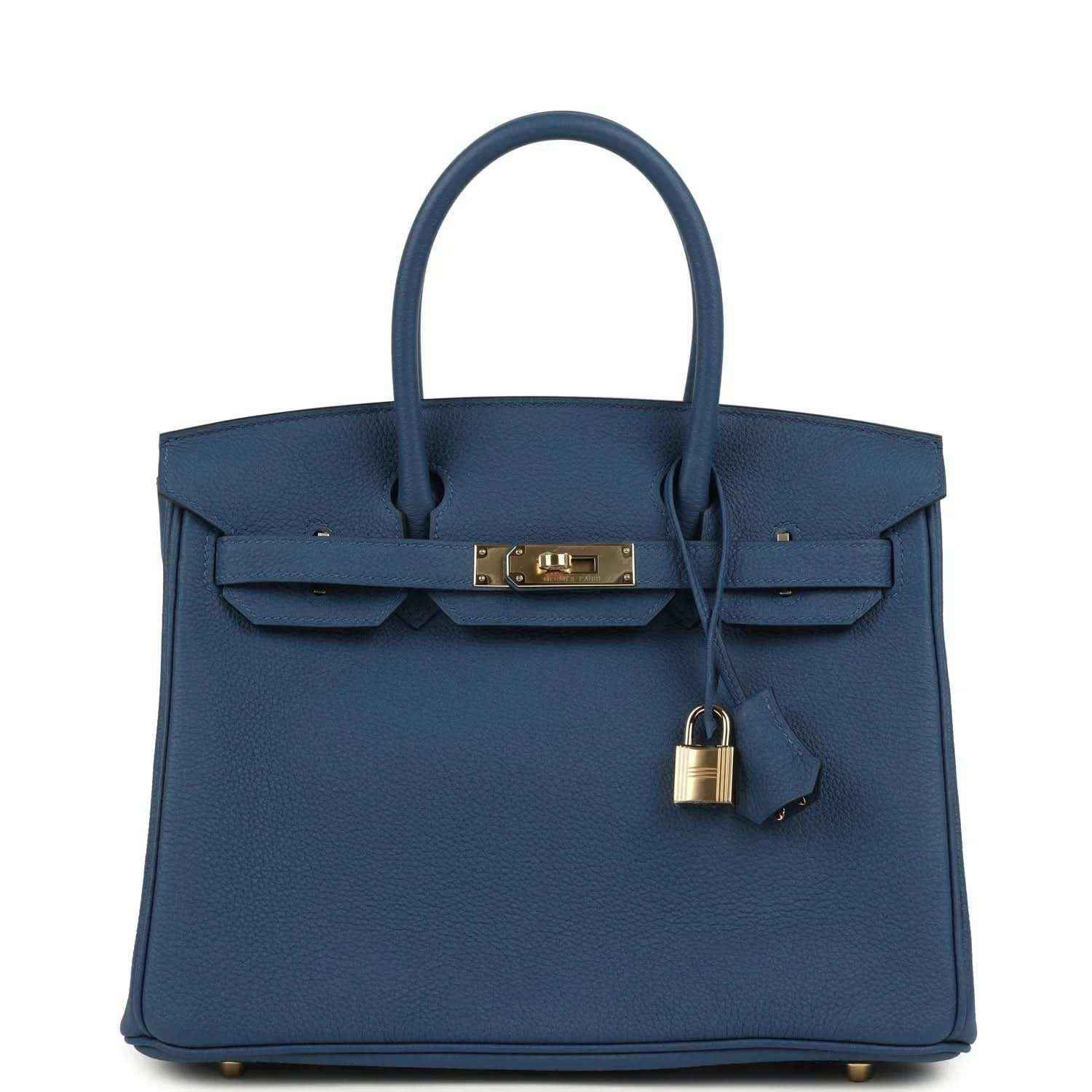 Blue Birkin 30 handbag in textured Togo leather with top handle and gold-tone clasp