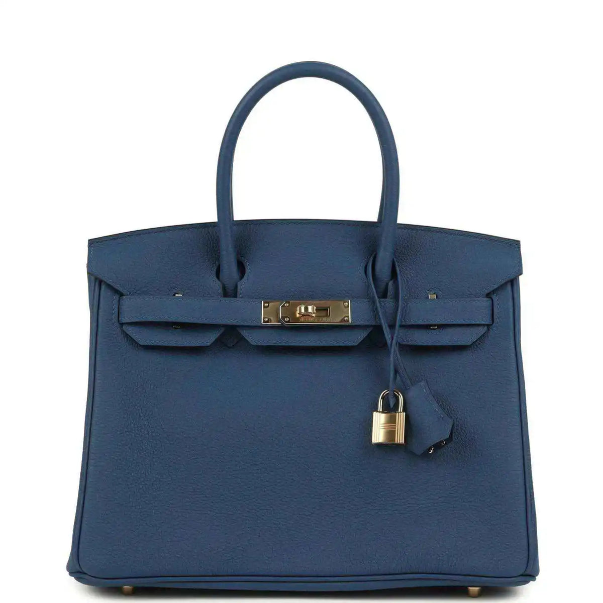 Blue Birkin 30 handbag in textured Togo leather with top handle and gold-tone clasp