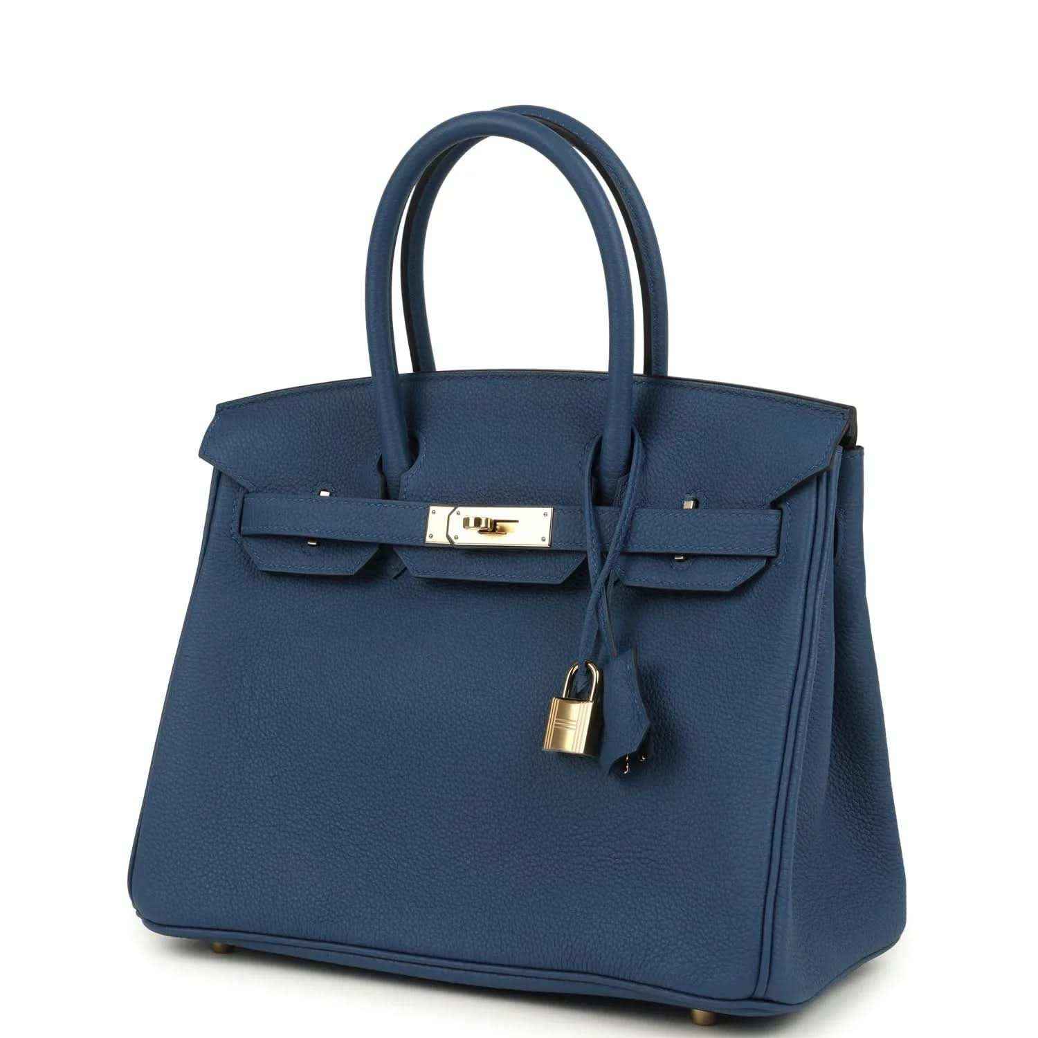 Blue Birkin 30 handbag front flap with gold-tone clasp hardware and hanging lock