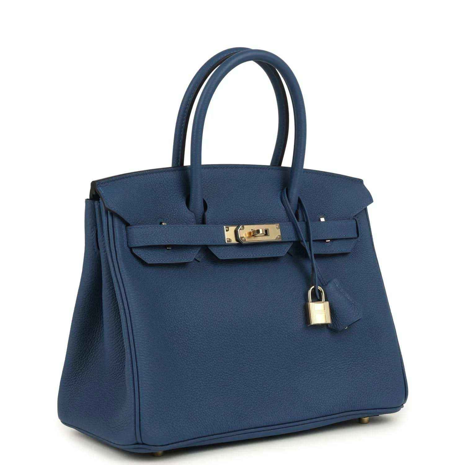 Blue Birkin 30 handbag with top handles, front flap, and gold-tone lock and clasp