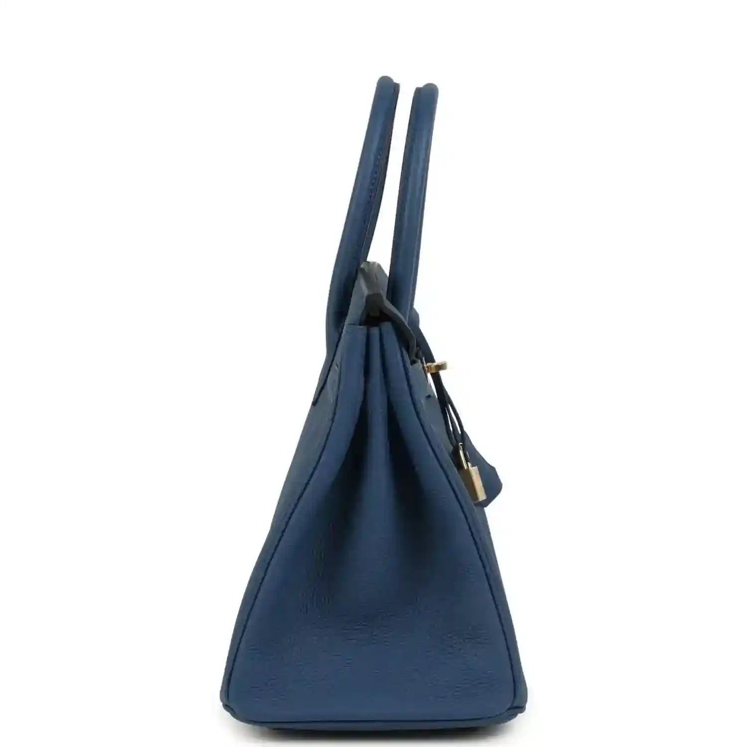 Blue Birkin 30 handbag with top handles, shown in a side profile