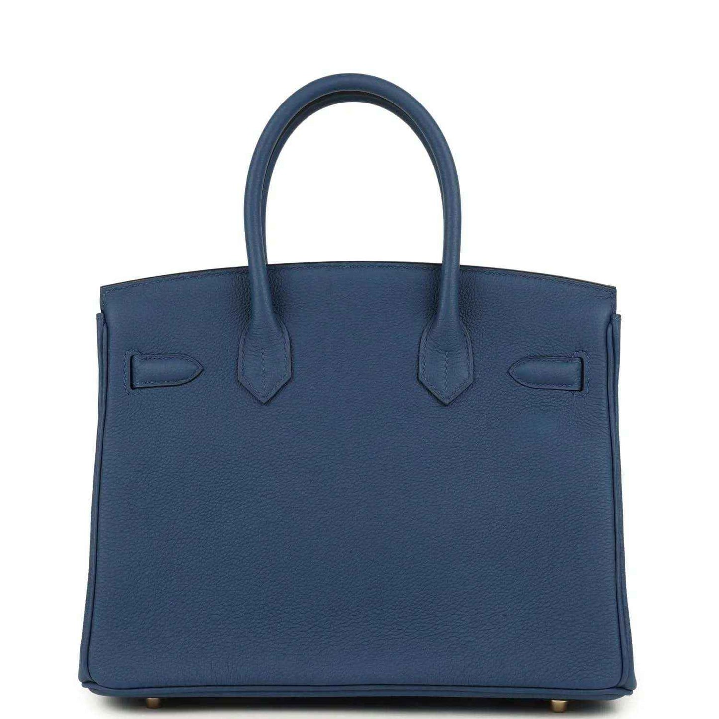 Blue Birkin 30 handbag front view with top handles and flap detailing