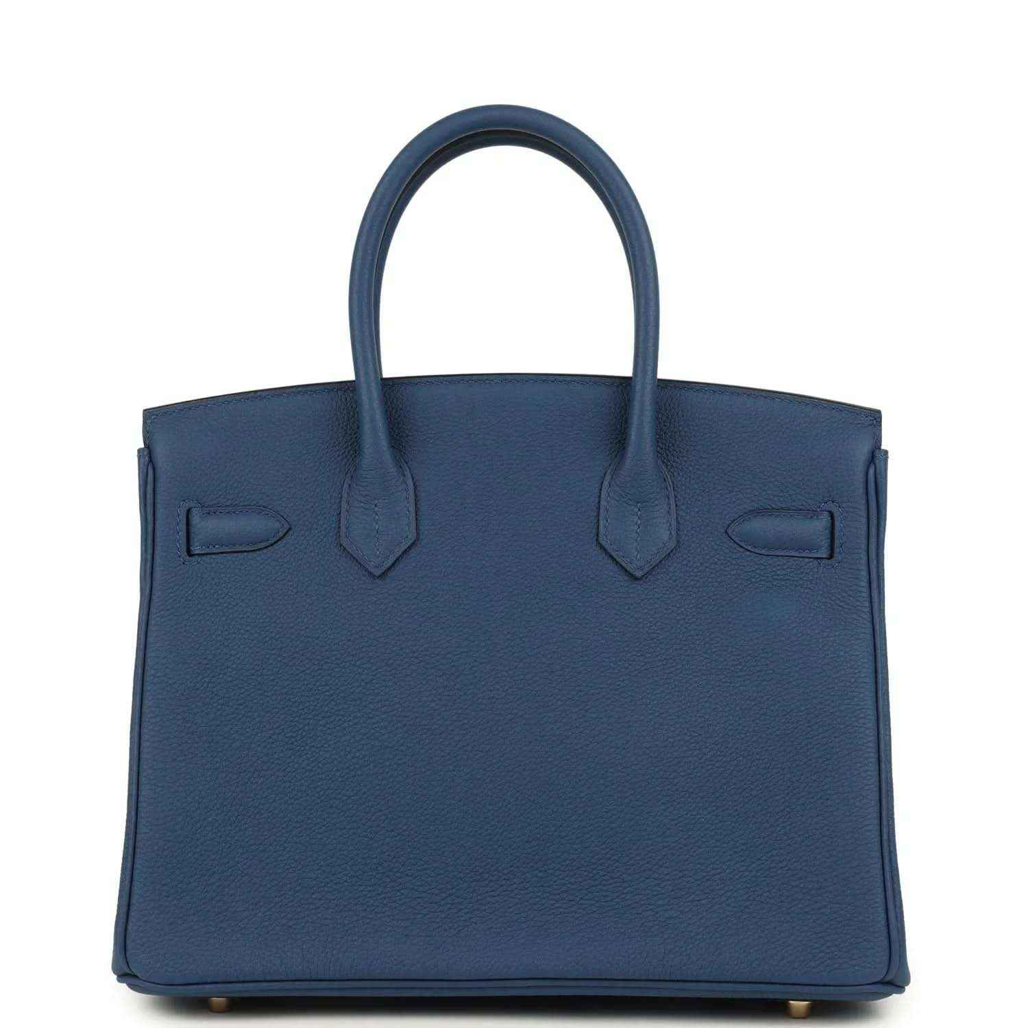 Blue Birkin 30 handbag front view with top handles and flap detailing