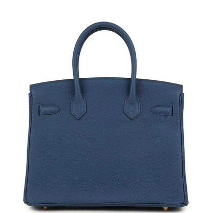 Blue Birkin 30 handbag front view with top handles and flap detailing