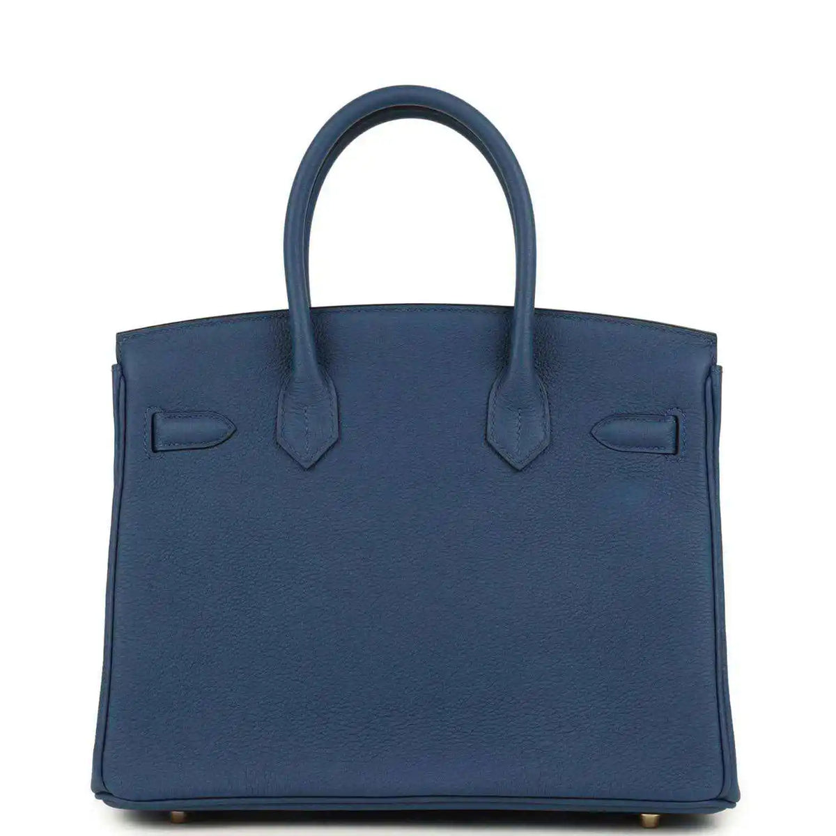 Blue Birkin 30 handbag front view with top handles and flap detailing