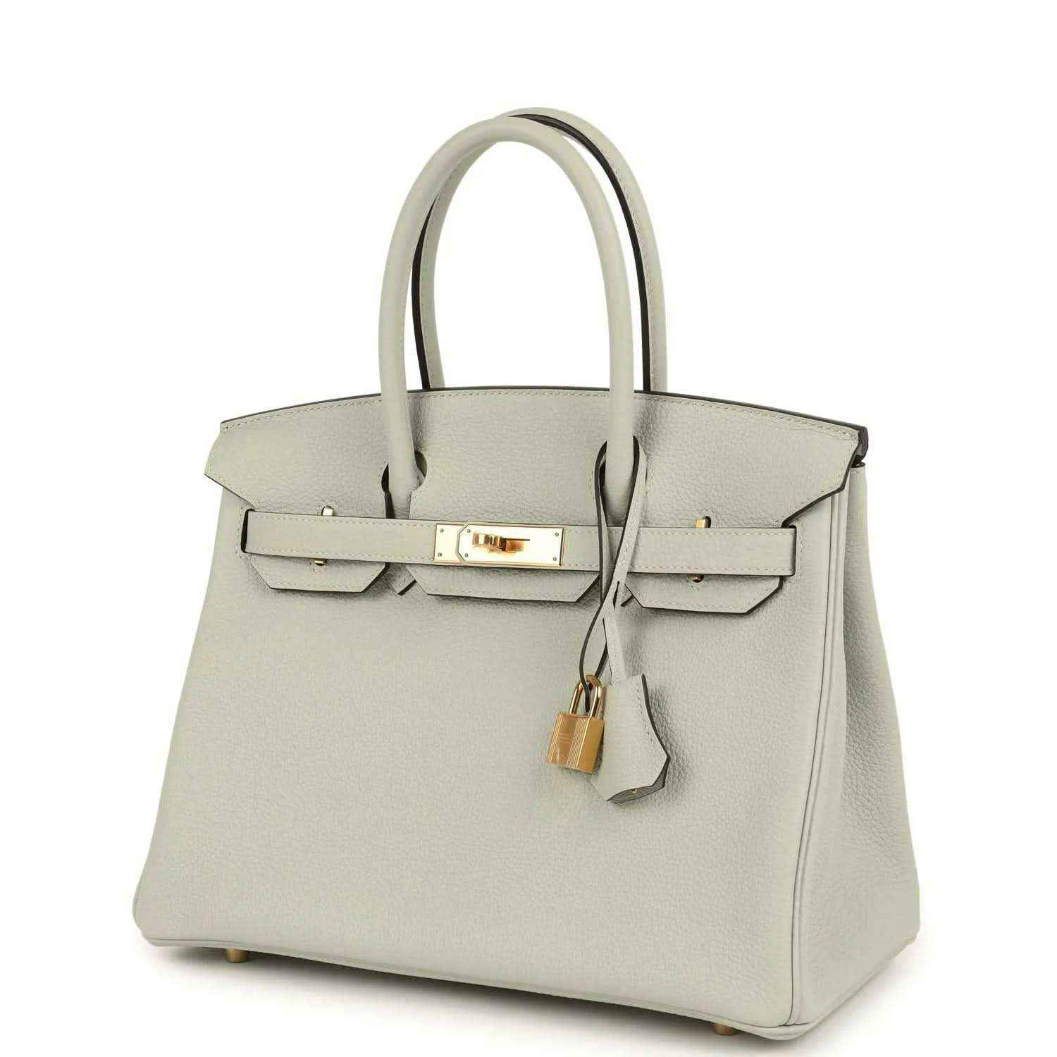 Light gray structured leather handbag with top handles, front flap, and gold lock clasp