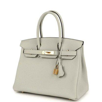 Light gray structured leather handbag with top handles, front flap, and gold lock clasp