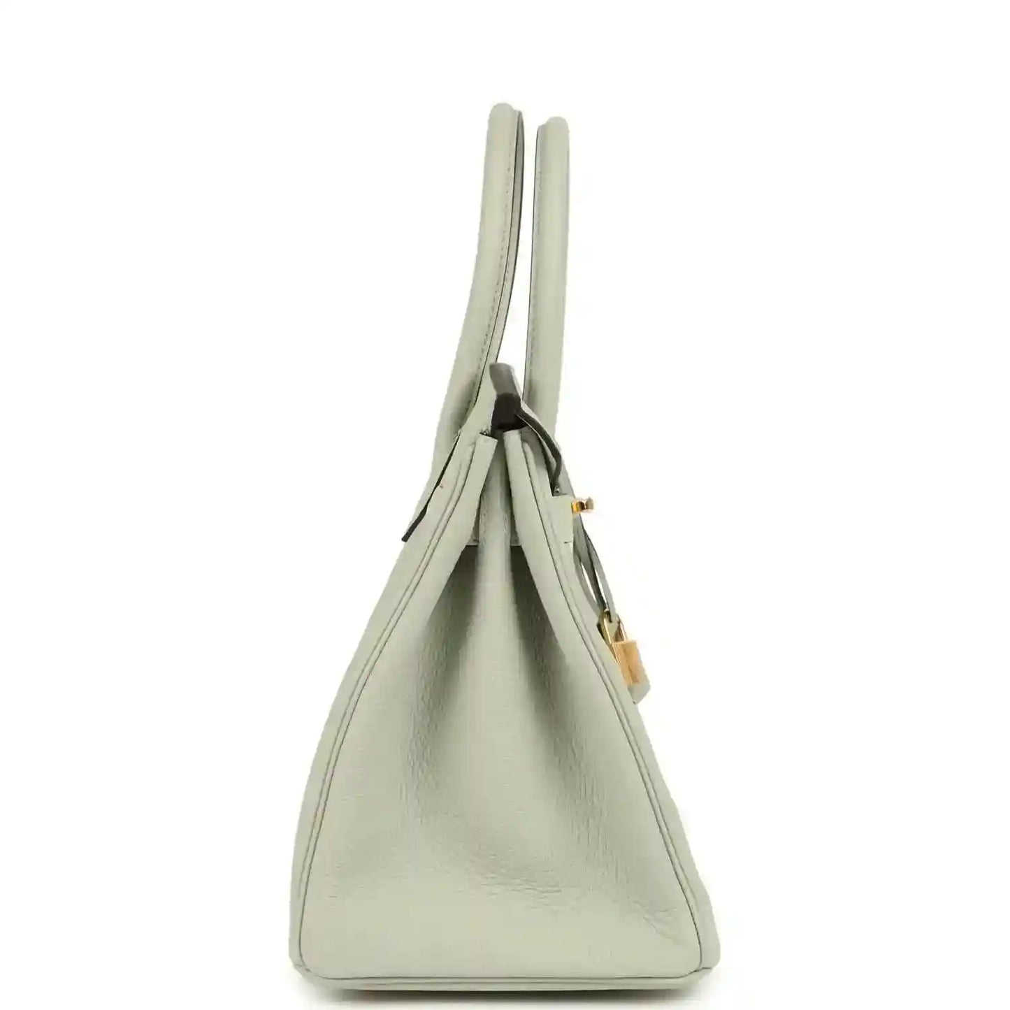 Light gray leather handbag with two top handles and gold-toned side hardware