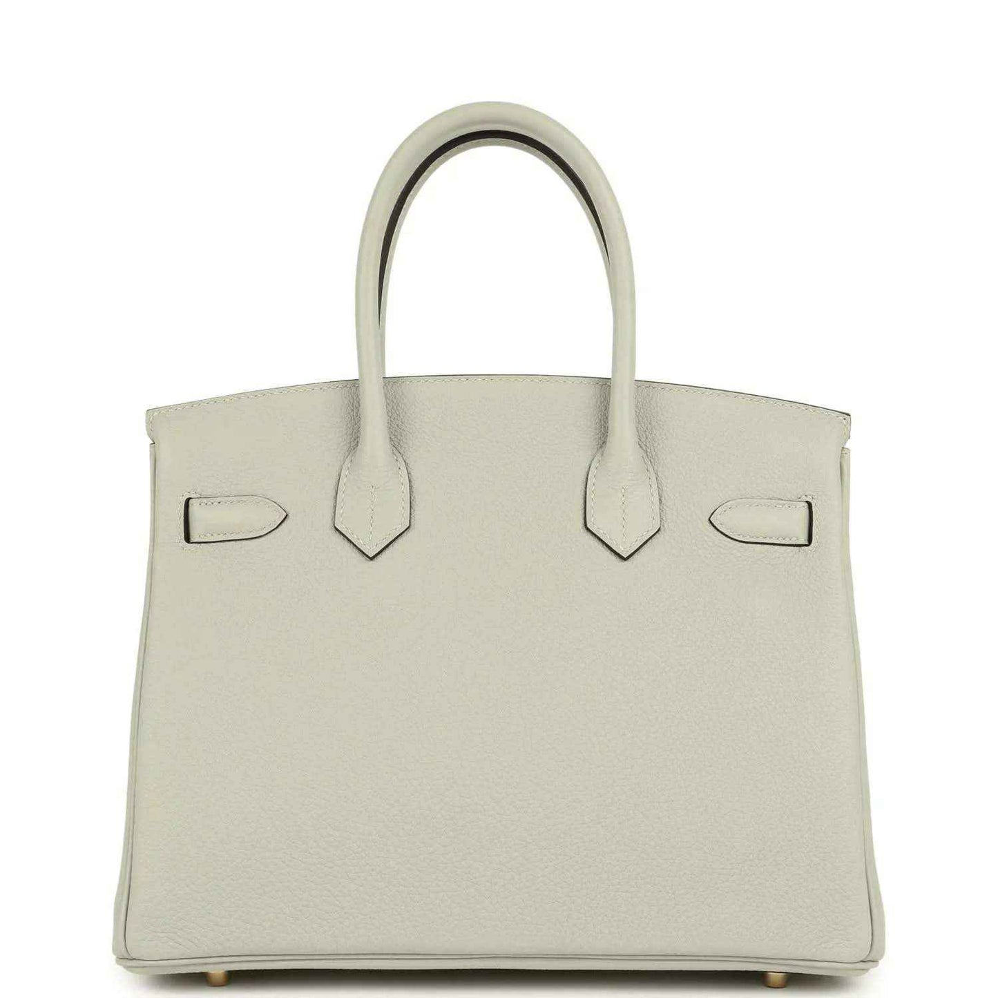 Light gray structured leather handbag with top handles and front flap details