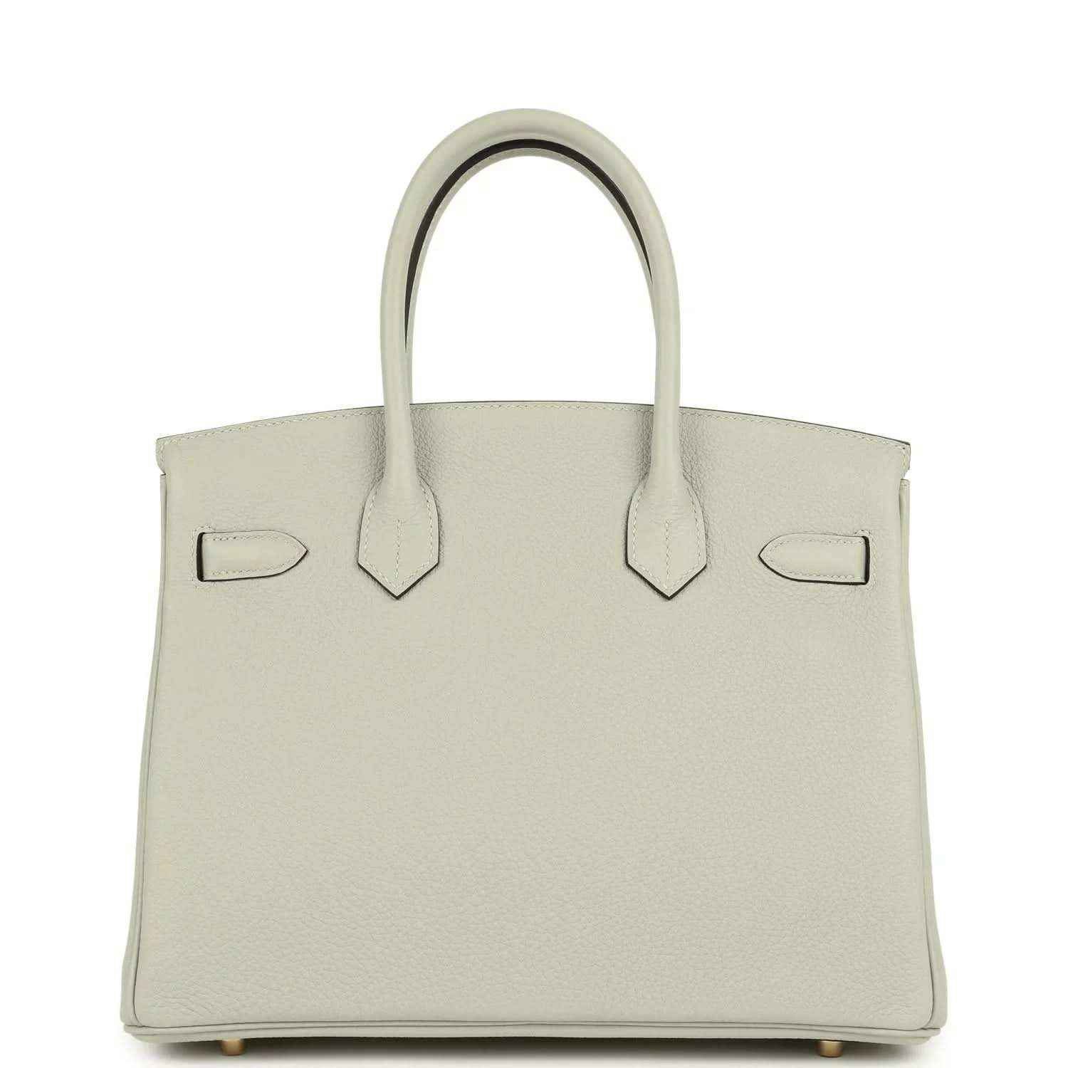 Light gray structured leather handbag with top handles and front flap details