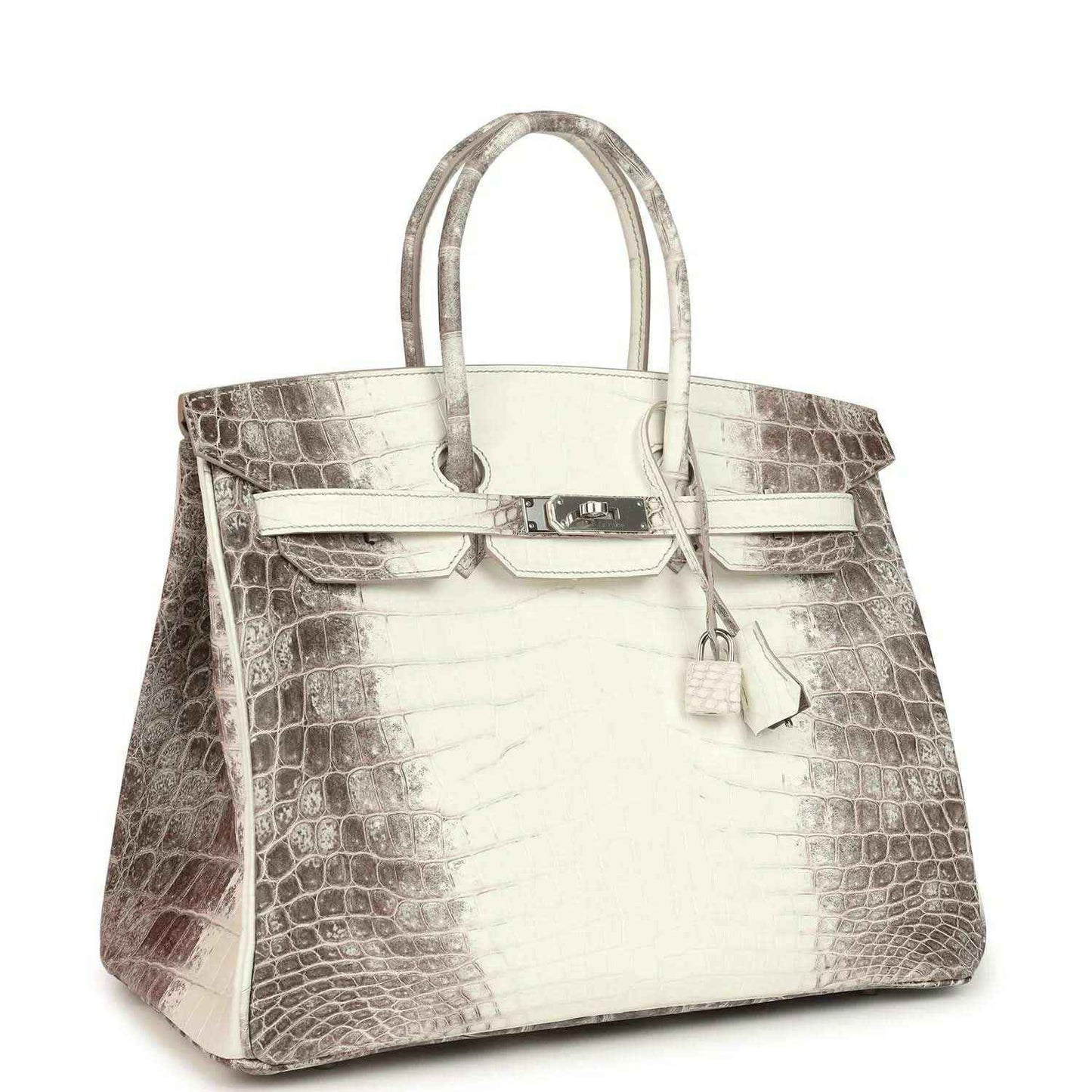 Ivory crocodile-textured top-handle handbag with front flap and dangling key charm