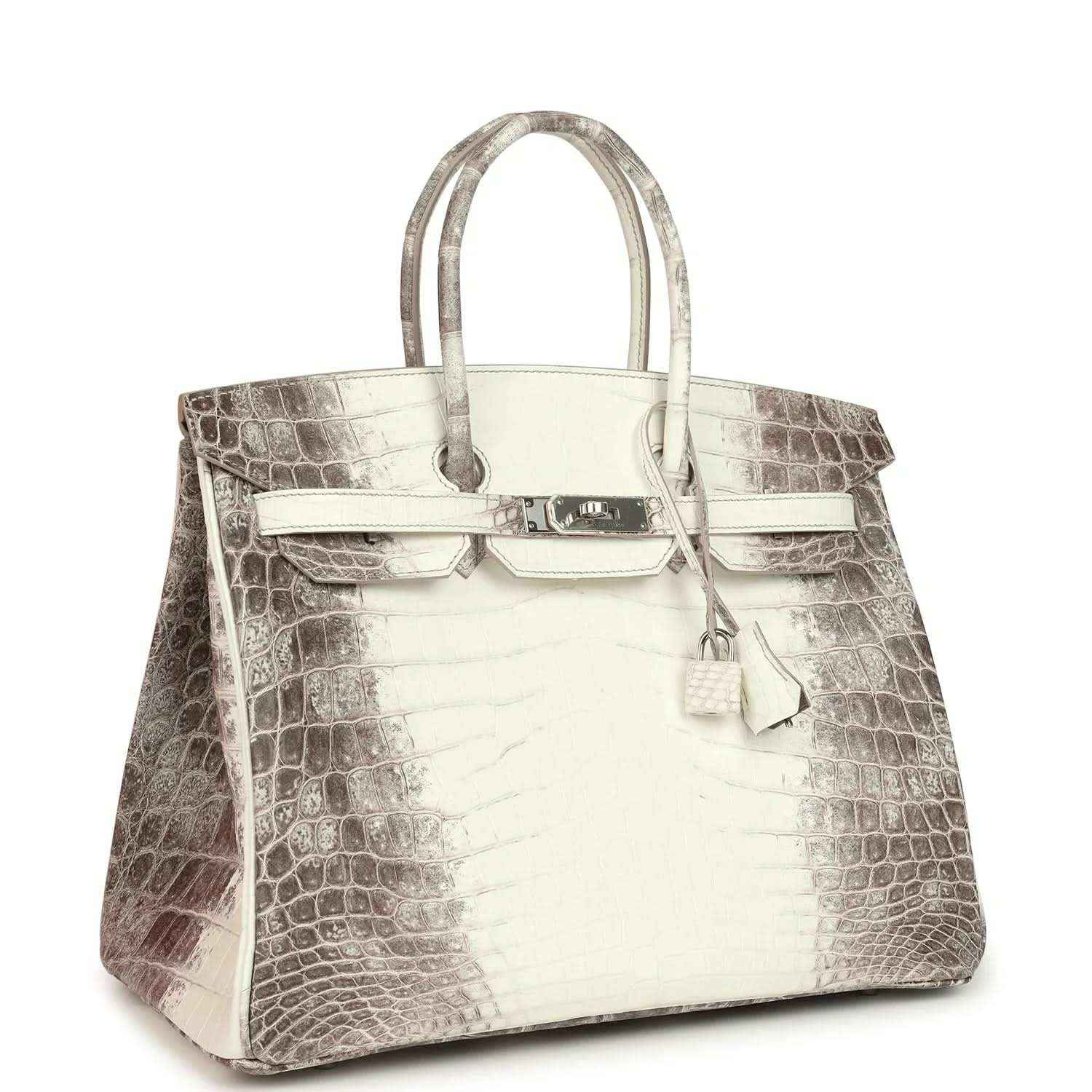 Ivory crocodile-textured top-handle handbag with front flap and dangling key charm