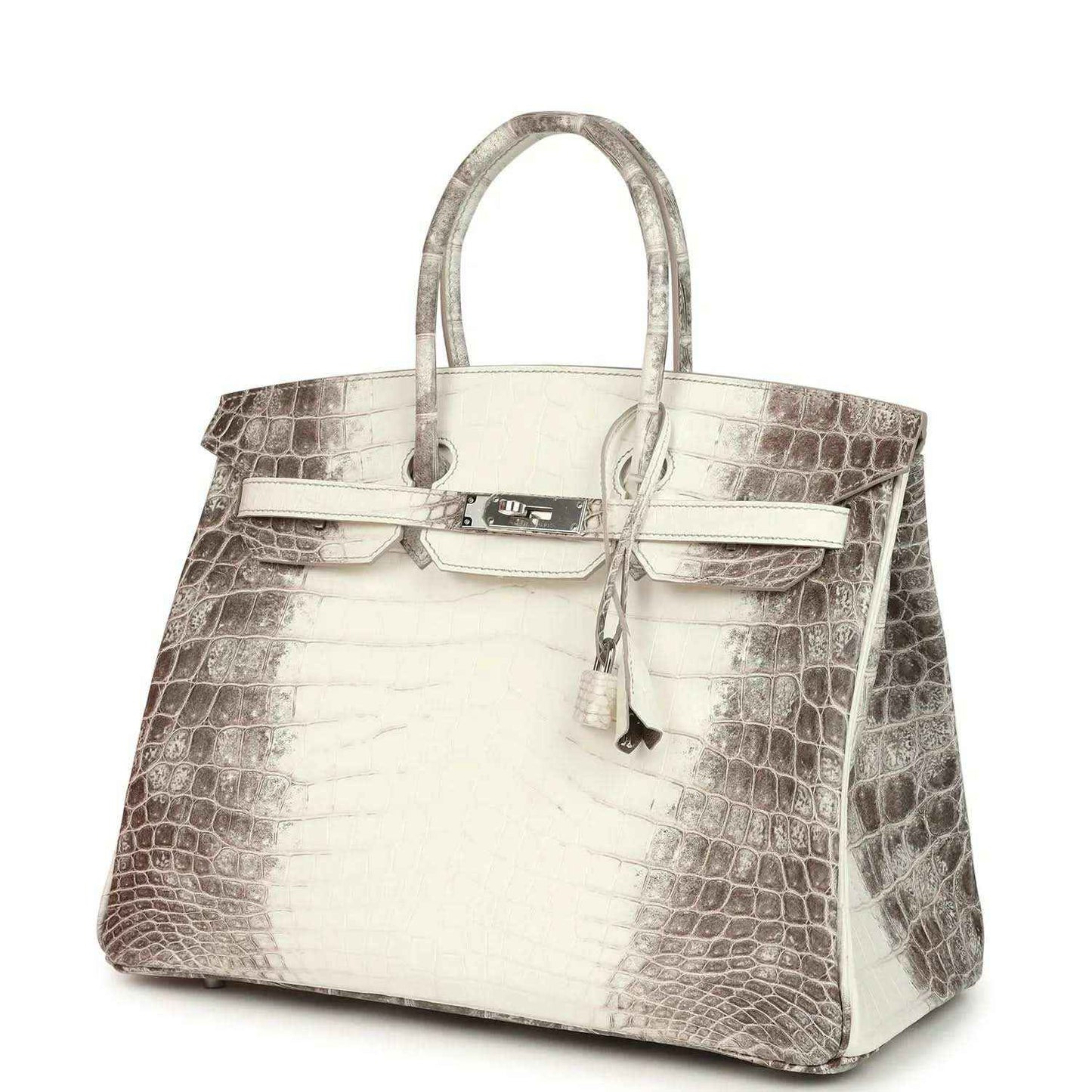 Ivory crocodile-textured top-handle handbag with front flap, latch, and key charm