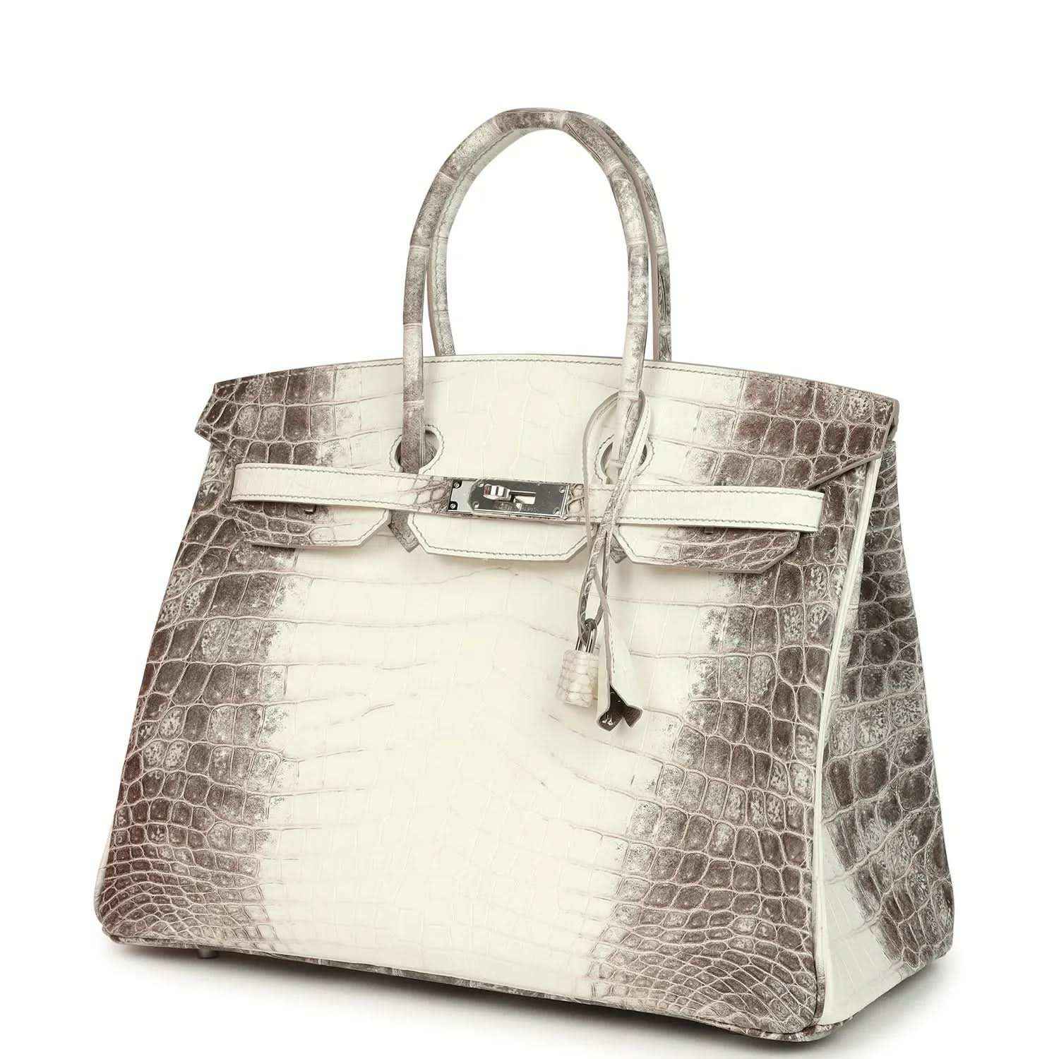 Ivory crocodile-textured top-handle handbag with front flap, latch, and key charm