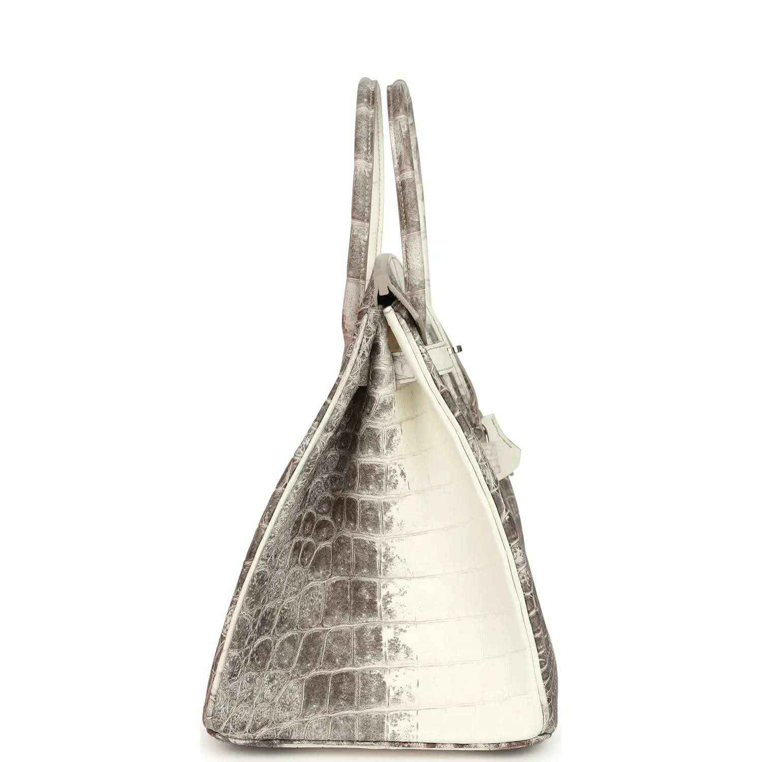 Ivory crocodile-textured top-handle handbag with side profile and hanging tag