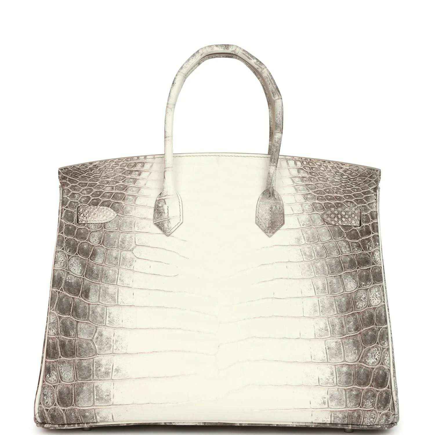 Ivory crocodile-textured top-handle handbag with two strap loops and central flap