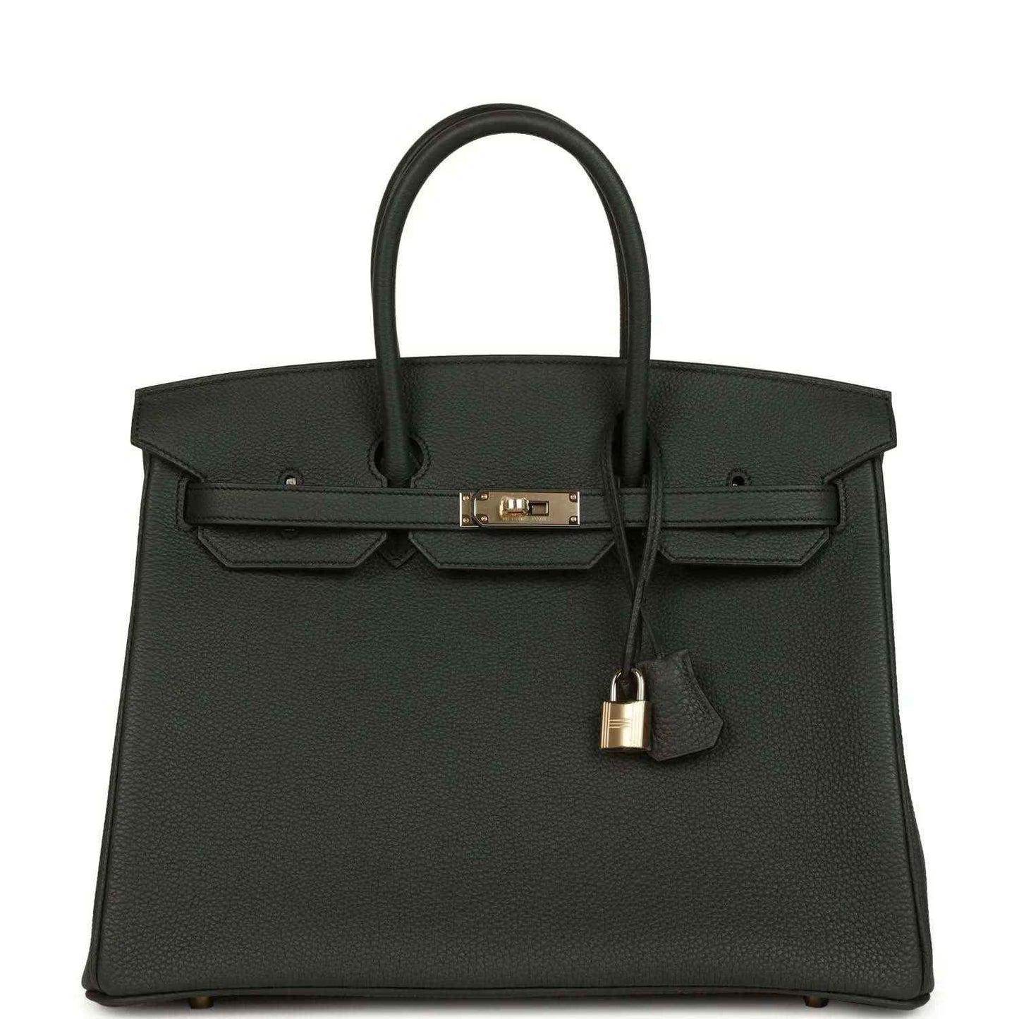 Birkin 35 dark green leather handbag with top handles and front lock hardware