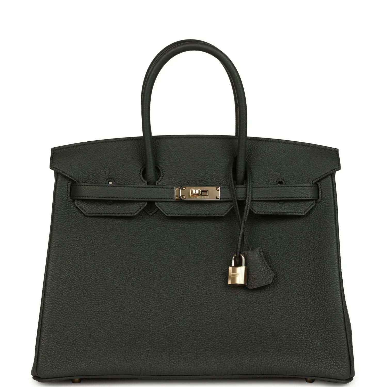 Birkin 35 dark green leather handbag with top handles and front lock hardware